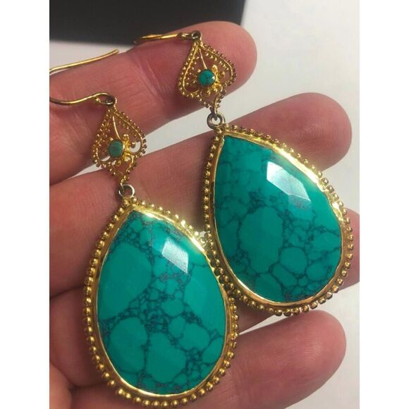 1697 Argento Vivo 925 18k plated Vermeil Dyed Howlite drop Earrings 14.4grams * - Picture 1 of 2